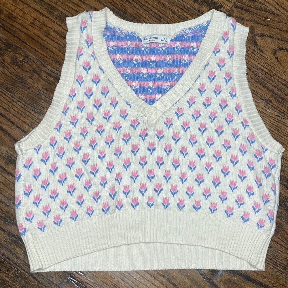 Stradivarius Tulip Sweater Vest Made in Spain Sz Small Cotton CottageCore